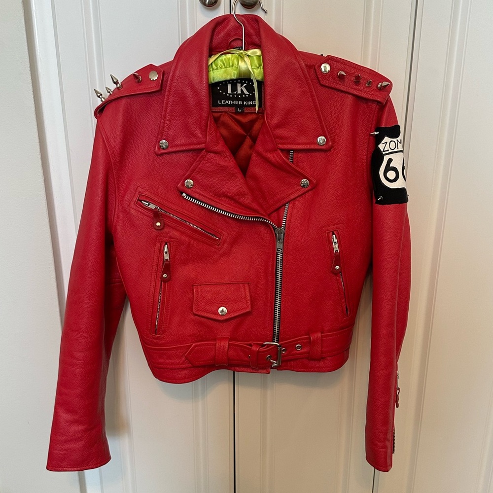 Vintage Leather King Red Leather Biker Jacket with Studs and Patches
